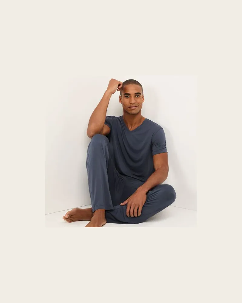 Lands' End Kühlendes Jersey-Pyjama-Set mit kurzen Ärmeln, Herren, Größe:48-50 regular, Blau, Elasthan/Viskose-Mischung, by Blau