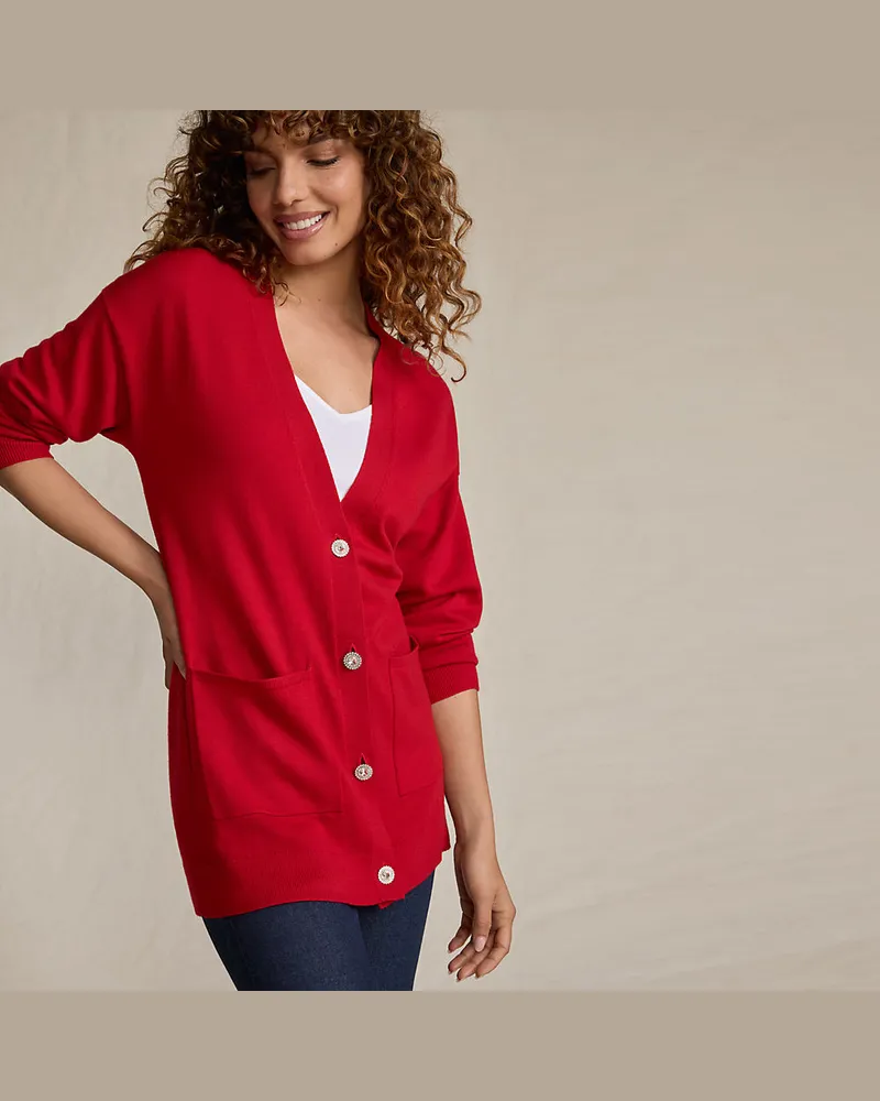 Lands' End Merino-Cardigan mit Strassknöpfen, Damen, Größe regular, Rot, Wolle, by Rot