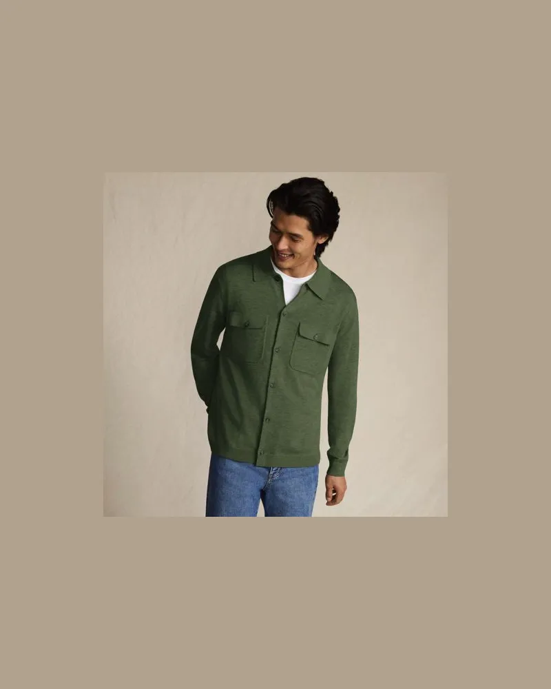 Lands' End Jersey-Sweaterjacke mit Brusttaschen, Herren, Größe:60 regular, Grün, Wolle/Polyester/Polyacryl, by Grün