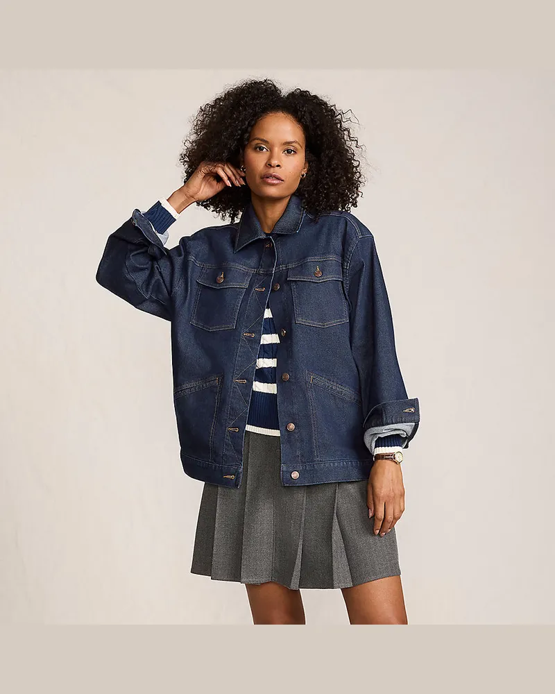 Lands' End Trucker-Jeansjacke, oversized, Damen, Größe regular, Blau, Baumwoll-Mischung/Polyester-Mischung, by Blau