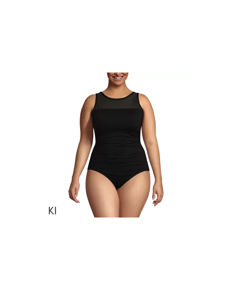 Lands' End Badeanzug mit Netz-Detail, hoher Halsausschnitt, Damen, Größe plus, Schwarz, Elasthan/Nylon-Mischung, by Schwarz