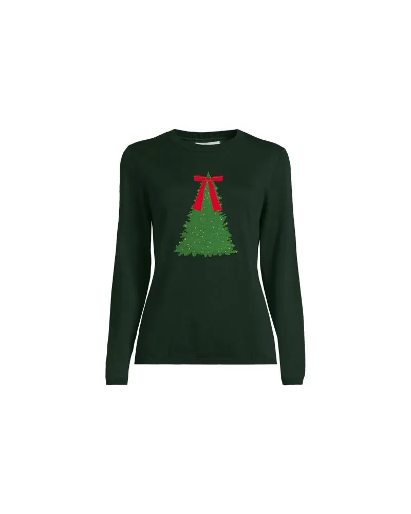 Lands' End Feinstrick-Weihnachtspullover Schleife, Damen, Größe plus, Grün, Baumwolle/Polyester/Metall, by Grün
