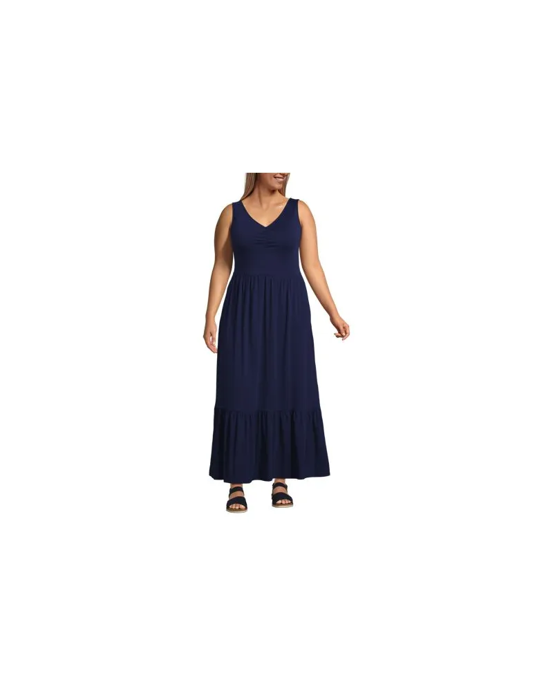 Lands' End Maxikleid aus Baumwolle/Modal-Mix mit V-Ausschnitt, Damen, Größe plus, Blau, Elasthan/Baumwoll-Mischung/Baumwolle Modal, by Blau