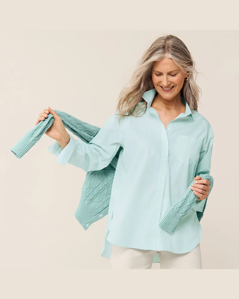 Lands' End Bügelfreie, lange Baumwoll-Hemdbluse, Damen, Größe regular, Grün, Baumwolle, by Grün