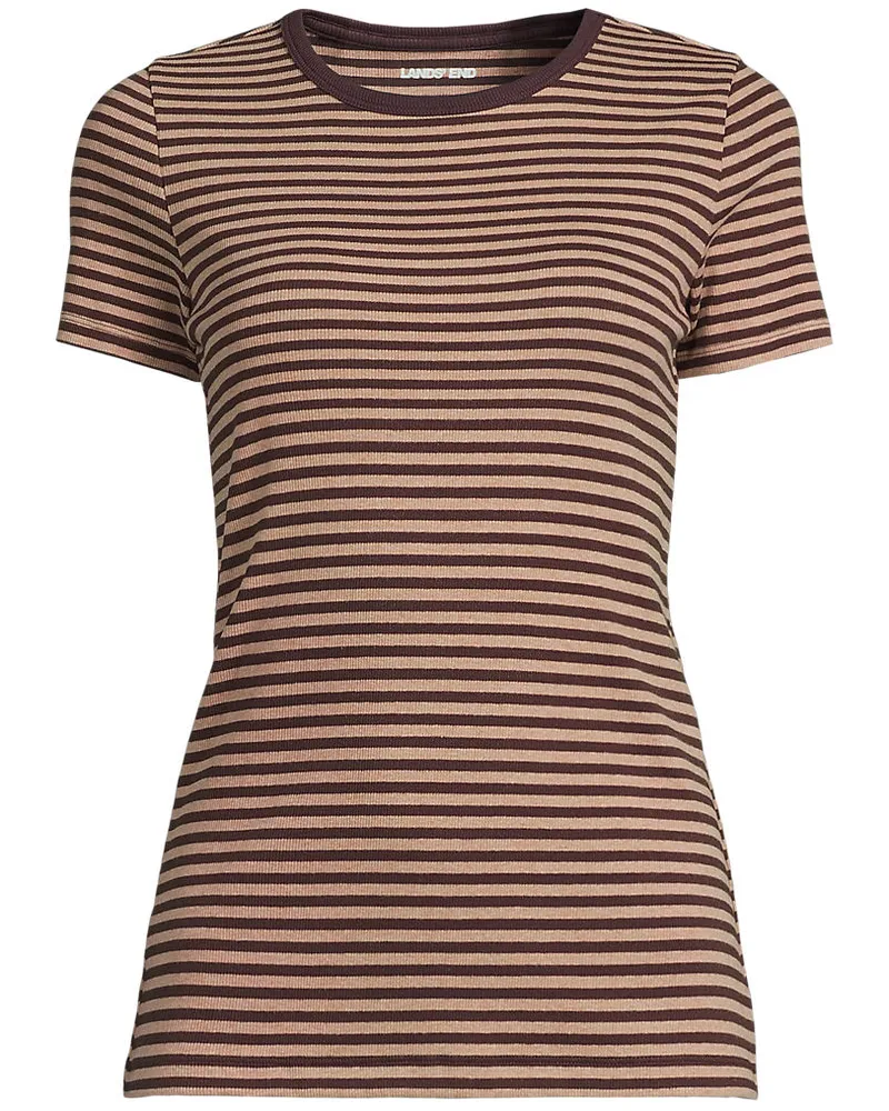 Lands' End Feinripp-Shirt mit Rundhalsausschnitt und kurzen Ärmeln, Damen, Größe regular, Braun, Baumwolle/Elasthan, by Braun