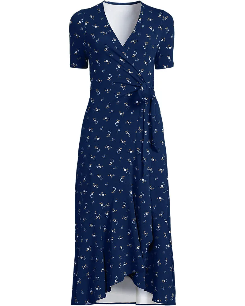 Lands' End Wickelkleid aus Baumwoll/Modalmix mit kurzen Ärmeln, Damen, Größe plus, Blau, Elasthan/Baumwoll-Mischung/Synthetic-blend, by Blau