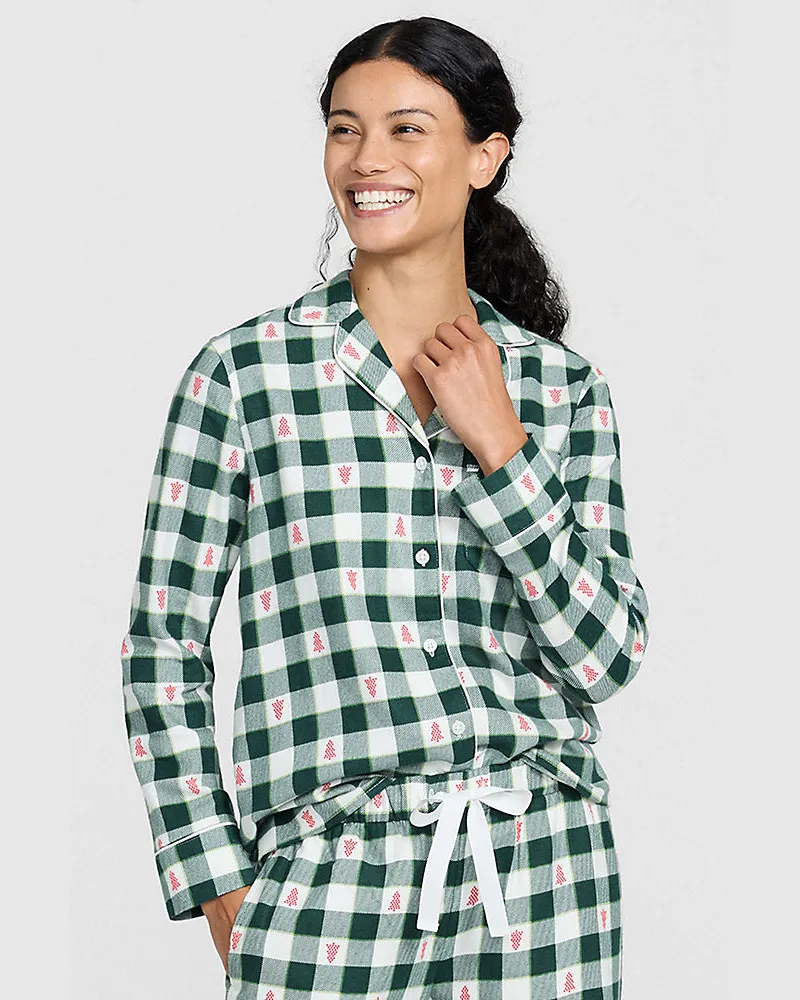 Lands' End Gemustertes Pyjamahemd aus reinem Baumwoll-Flanell, Damen, GrÃ¶ÃŸe regular, GrÃ¼n, Baumwolle, by Grã¼n