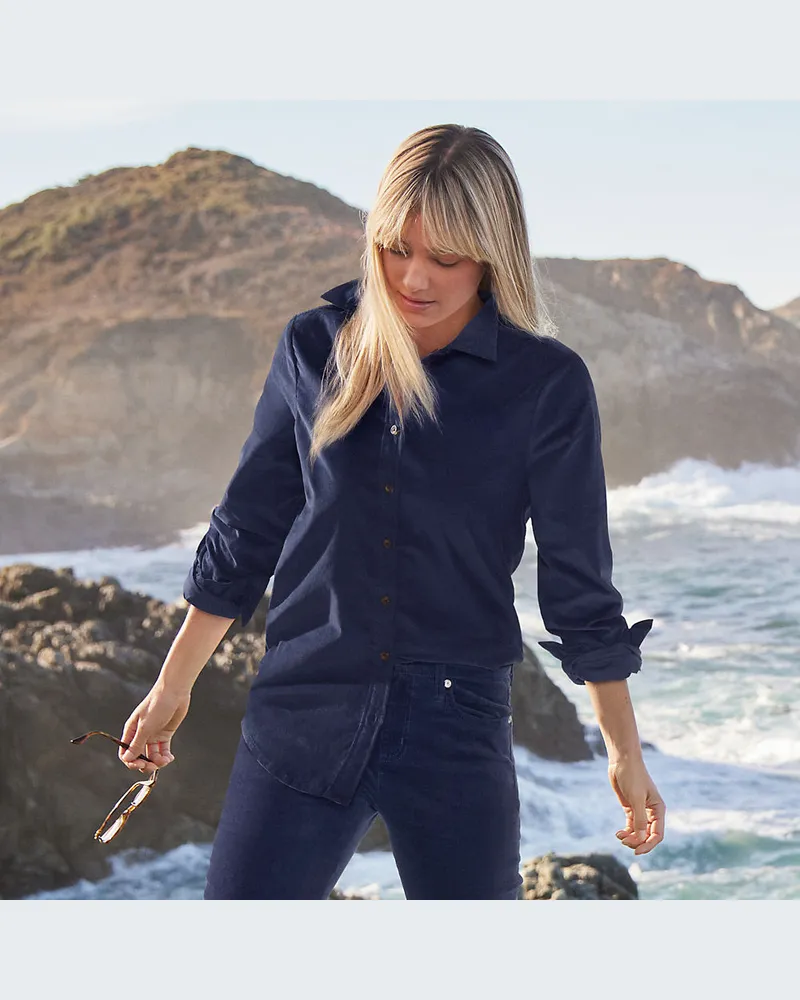 Lands' End Feincord-Hemdbluse, Damen, Größe regular, Blau, Baumwolle, by Blau