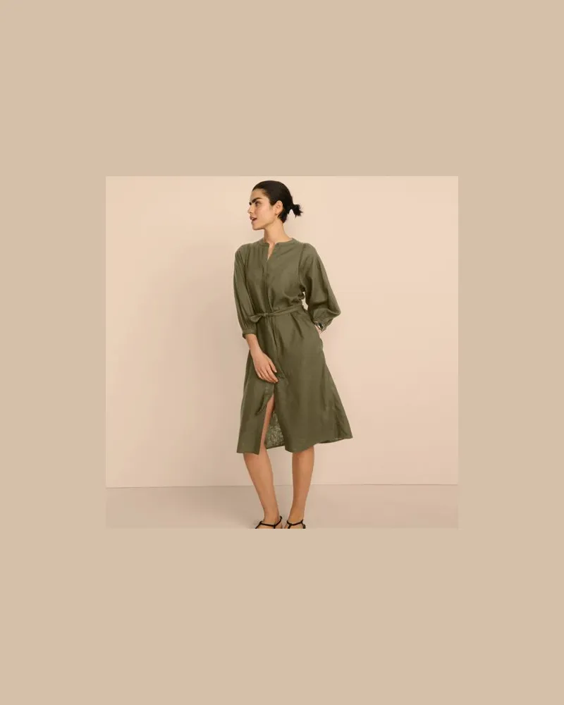 Lands' End Leinenmix-Kleid mit Ajourdetail, Damen, Größe regular, Grün, Leinen/Viskose, by Grün