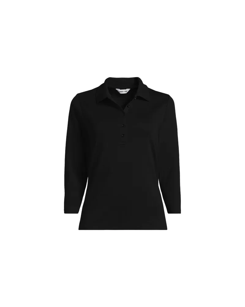 Lands' End Supima ® Poloshirt mit 3/4-Ärmeln, Damen, Größe plus, Schwarz, Baumwolle, by Schwarz
