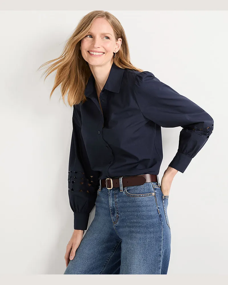 Lands' End Hemdbluse mit Cutout-Detail, Damen, Größe regular, Blau, Baumwolle, by Blau
