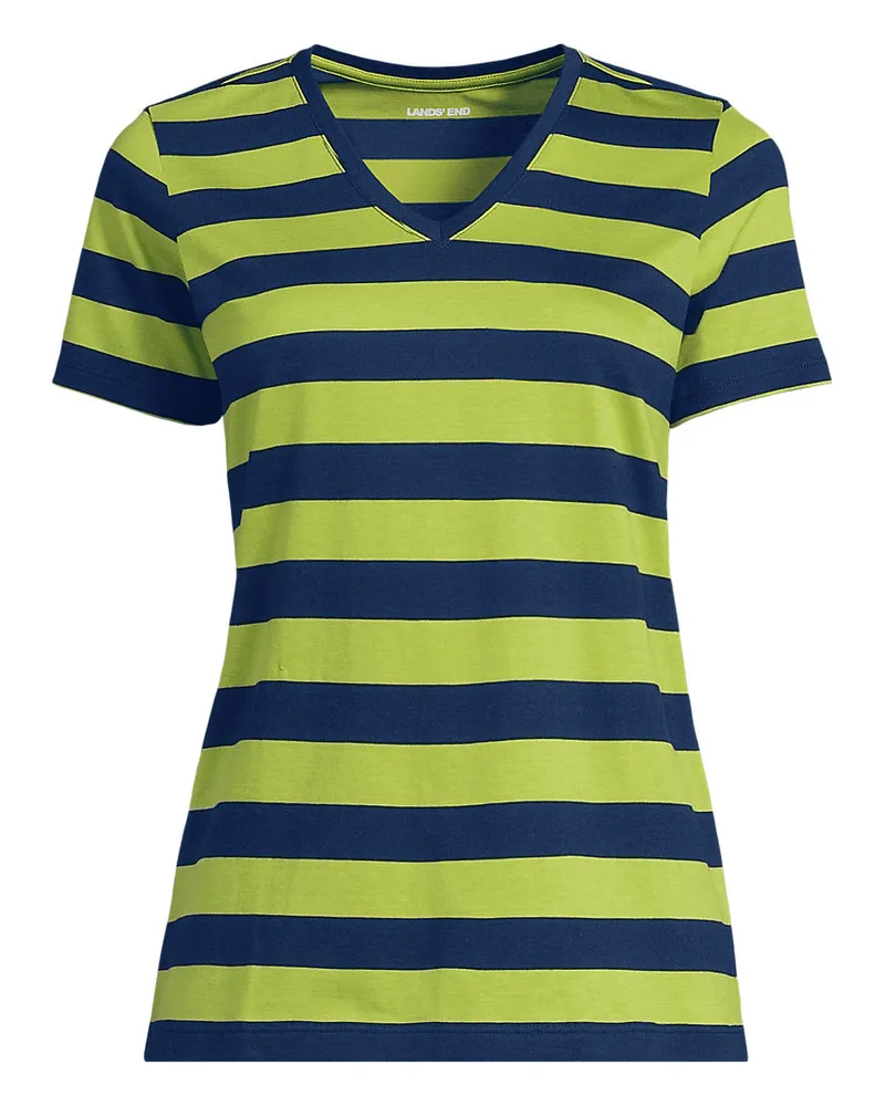 Lands' End Supima Kurzarm-Shirt mit V-Ausschnitt, Damen, Größe regular, Blau, Baumwolle, by Blau