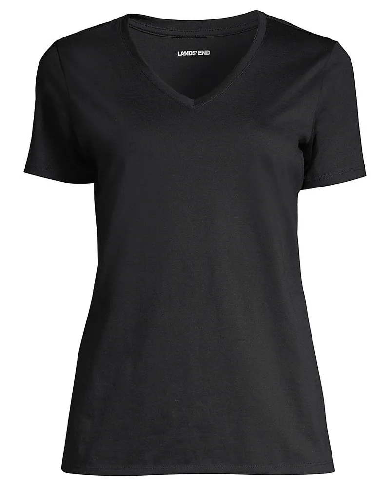 Lands' End Supima Kurzarm-Shirt mit V-Ausschnitt, Damen, Größe petite, Schwarz, Baumwolle, by Schwarz