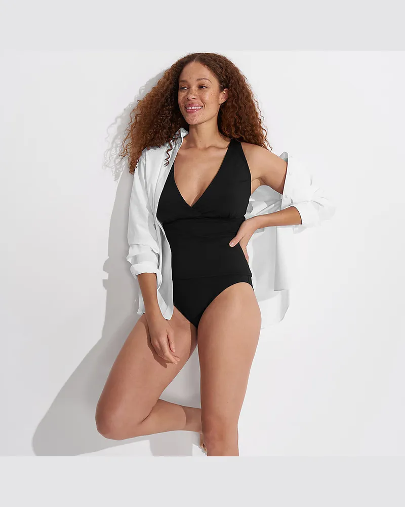 Lands' End Tankinitop mit V-Ausschnitt in D-Cup, Damen, Größe regular, Schwarz, Nylon-Mischung, by Schwarz