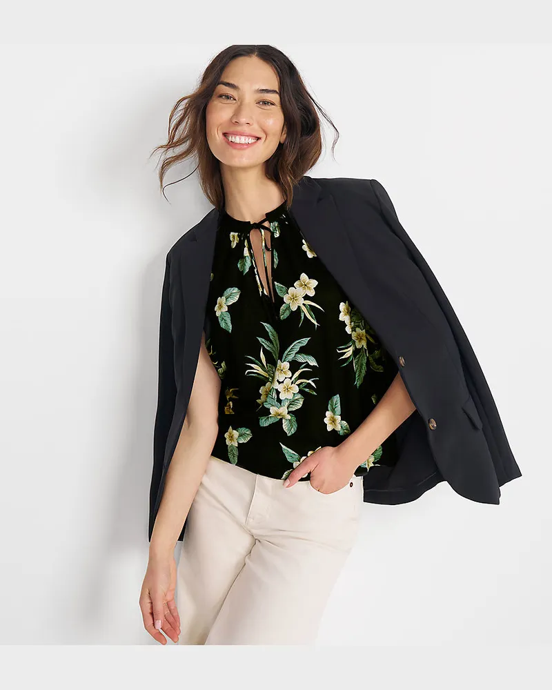 Lands' End Top aus Leinenmix mit Bindekragen, Damen, Größe regular, Schwarz, Leinen, by Schwarz