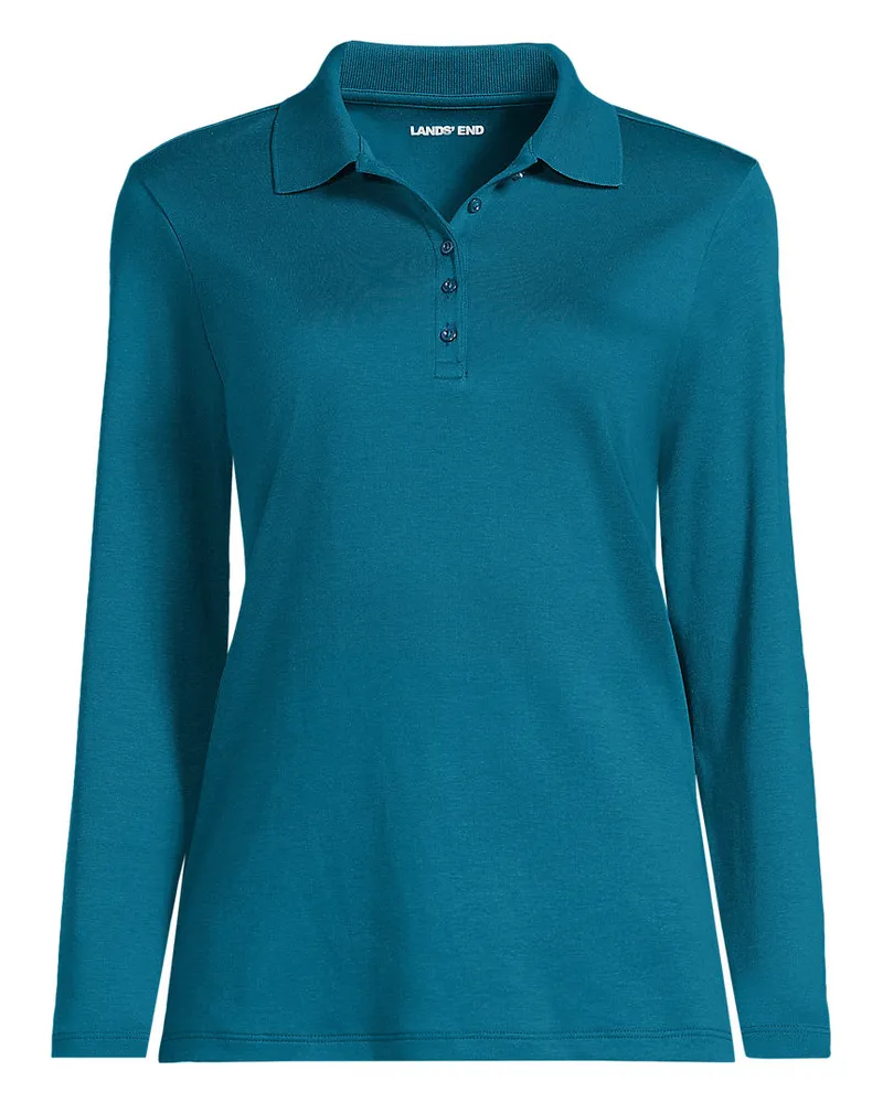 Lands' End Supima-Poloshirt mit langen Ärmeln, Damen, Größe regular, Blau, Baumwolle, by Blau