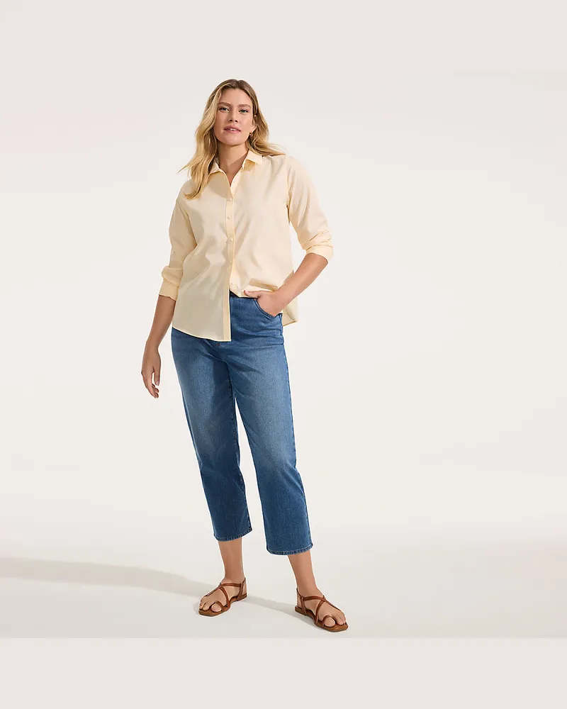 Lands' End High Waist Starfish Straight Fit Knit Denim 7/8-Schlupfjeans, Damen, Größe regular, Blau, Elasthan/Baumwoll-Mischung/Polyester-Mischung, by Lands Blau