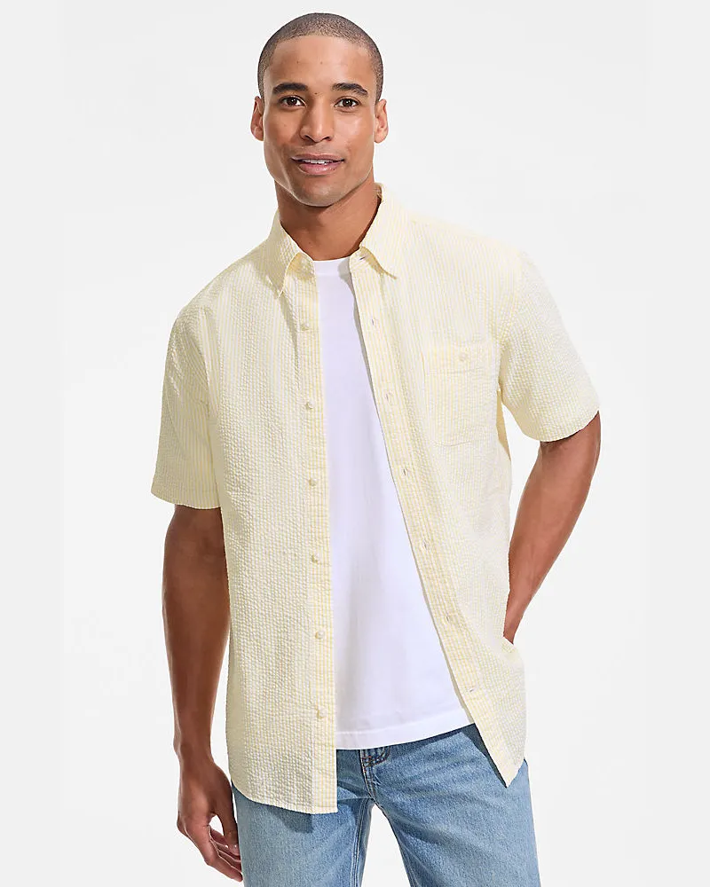 Lands' End Seersucker-Kurzarmhemd, Classic Fit, Herren, Größe regular, Gelb, Baumwolle, by Gelb