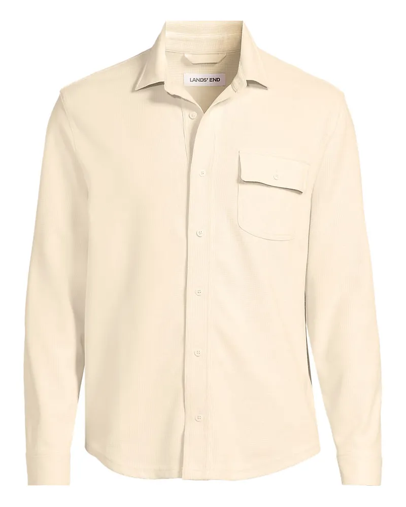 Lands' End Jacquard-Shirt mit V-Ausschnitt, Herren, Größe regular, Weiß, Elasthan/Baumwoll-Mischung/Polyester-Mischung, by Weiß