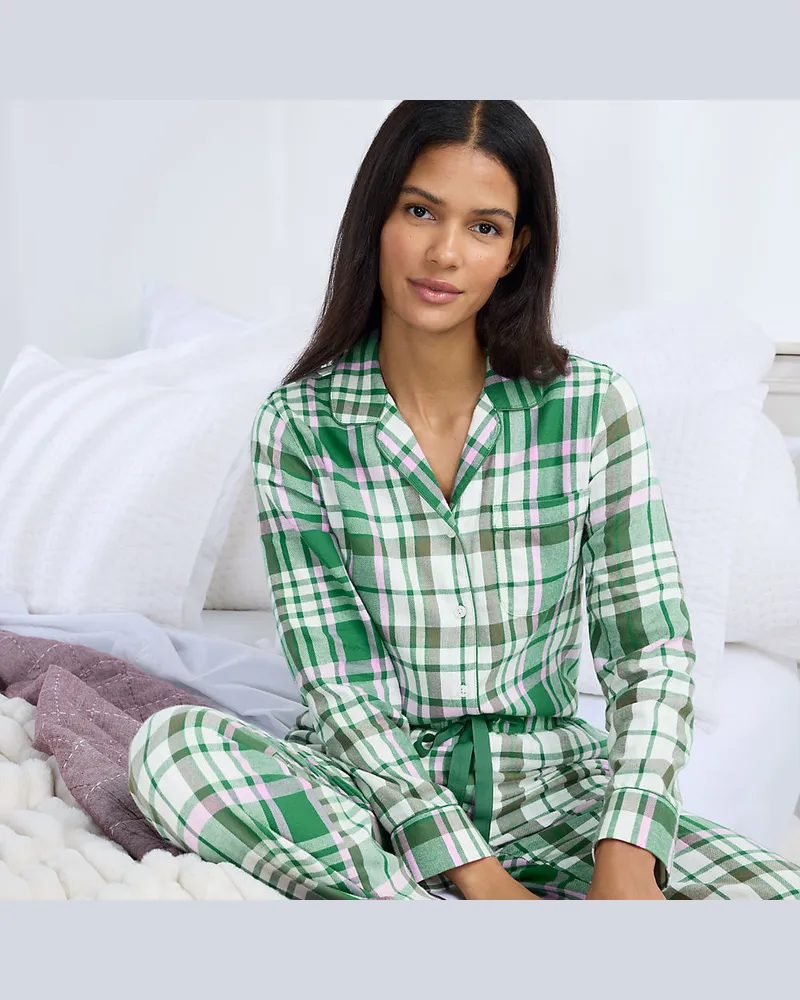 Lands' End Gemustertes Pyjamahemd aus reinem Baumwoll-Flanell in Petitegröße, Damen, Größe petite, Grün, Baumwolle, by Grün