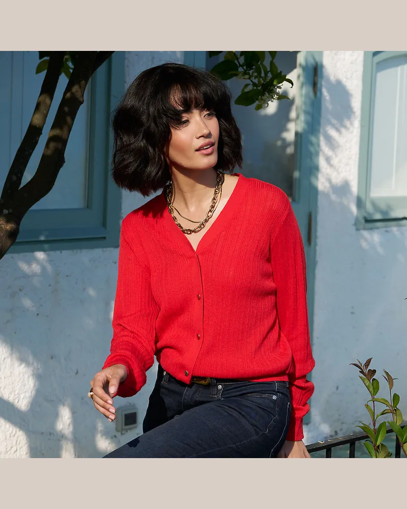 Lands' End Rippstrick-Cardigan mit Seide, Damen, Größe petite, Rot, Baumwolle/Seide/Nylon, by Rot
