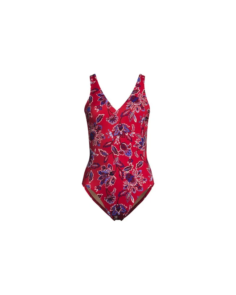 Lands' End Komfort-Badeanzug mit V-Ausschnitt, hohes Bein, Damen, Größe regular, Rot, Nylon-Mischung, by Rot