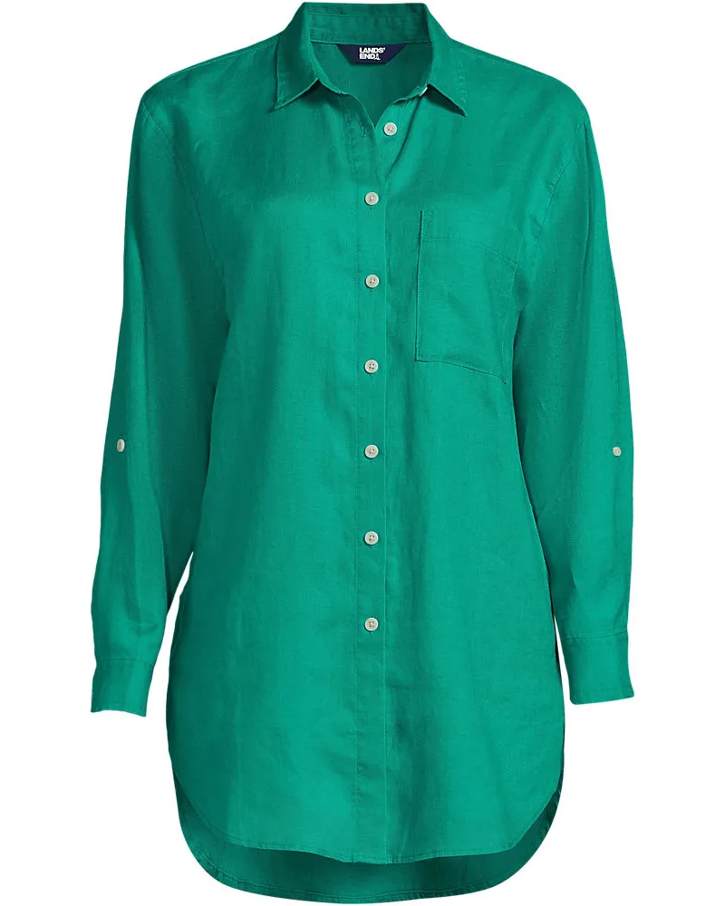 Lands' End Tunikahemd aus Leinen mit Rollärmeln, Damen, Größe petite, Grün, Leinen, by Grün