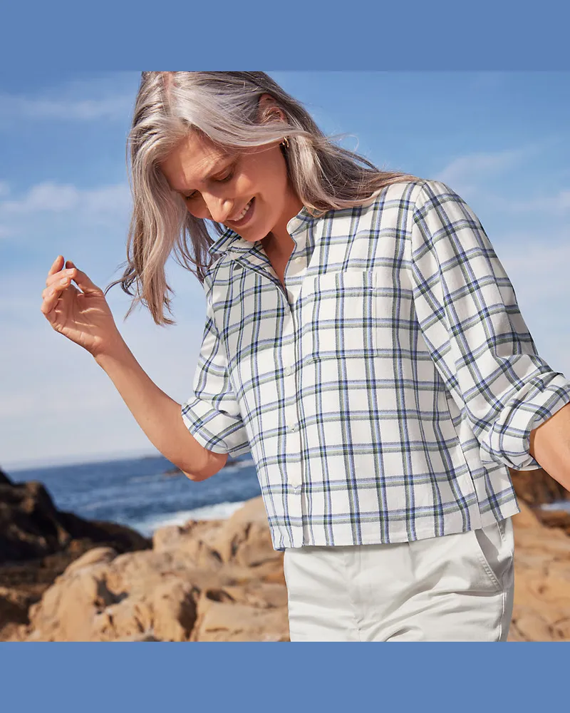 Lands' End VerkÃ¼rzte Flanellbluse, Damen, GrÃ¶ÃŸe petite, WeiÃŸ, Baumwolle, by Weiãÿ