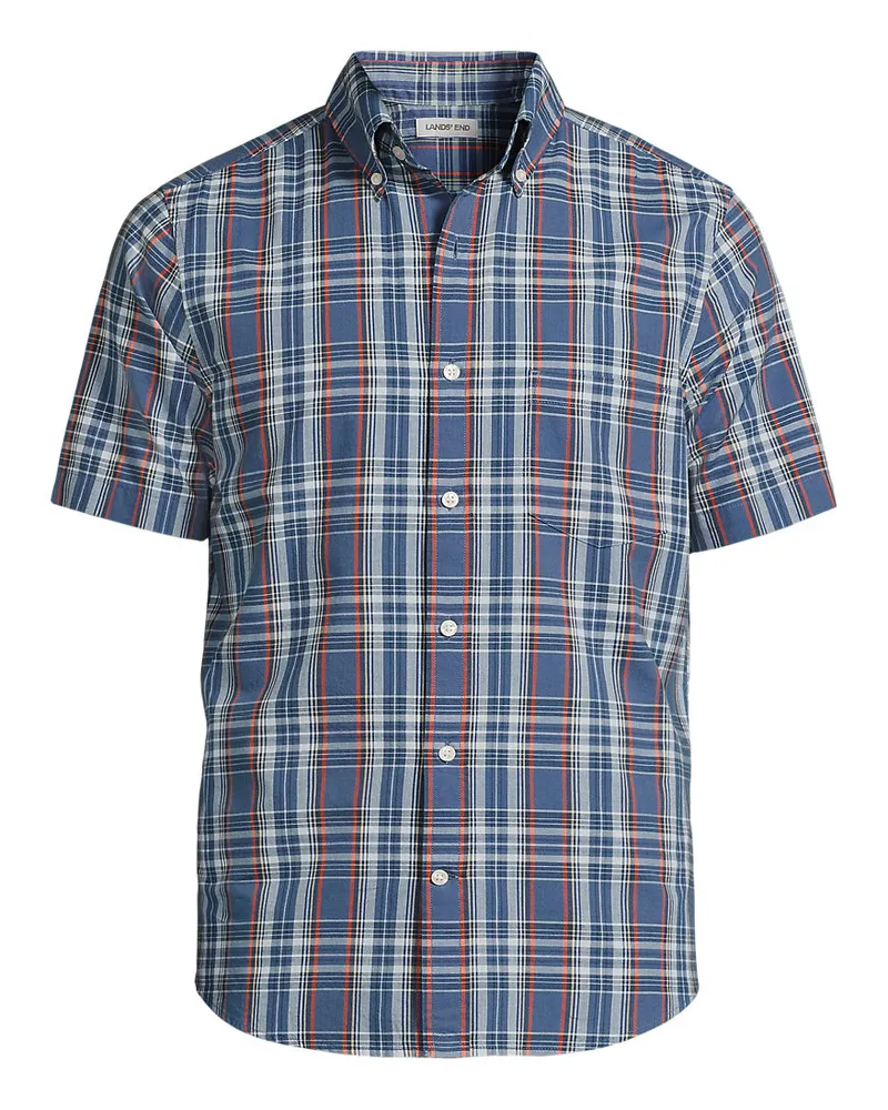 Lands' End Madras-Kurzarmhemd, Classic Fit, Herren, Größe regular, Blau, Baumwolle, by Blau