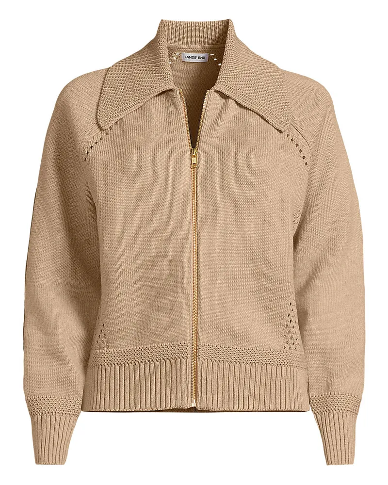 Lands' End Baumwoll-Zippercardigan mit großem Kragen DRIFTER, Damen, Größe regular, Braun, Baumwolle, by Braun