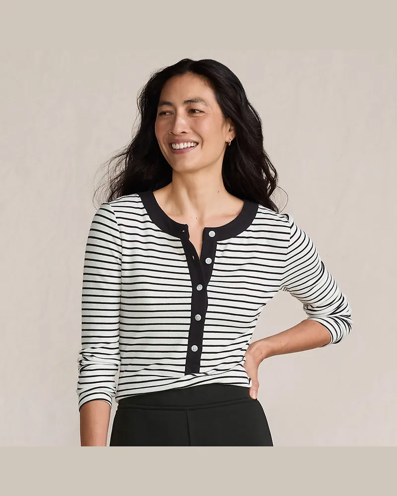 Lands' End Langarm-Henleyshirt aus Ripp-Jersey, Damen, Größe regular, Weiß, Viskose-Mischung/Polyester-Mischung, by Weiß