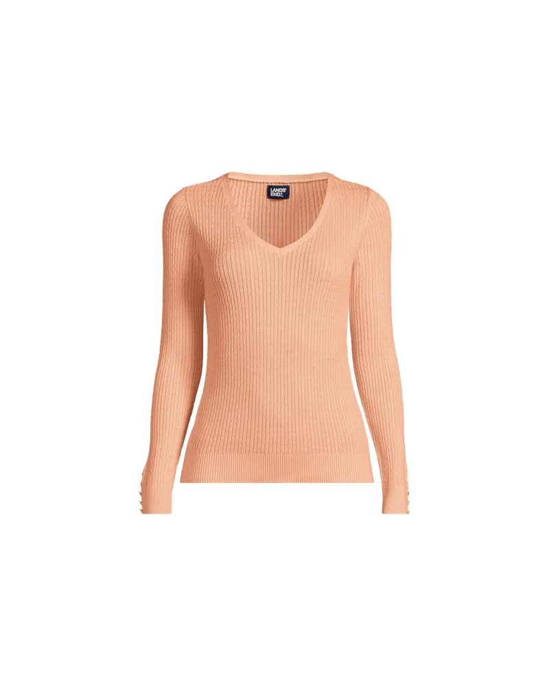 Lands' End Feinstrick-Zopfmusterpullover mit V-Ausschnitt, Damen, Größe plus, Orange, Baumwolle, by Orange