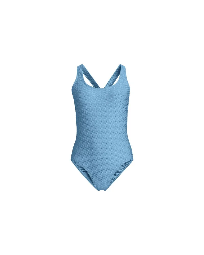 Lands' End Strukturierter Komfort-Badeanzug mit gekreuzten Trägern, hoher Beinausschnitt, Damen, Größe regular, Blau, Elasthan/Nylon-Mischung, by Blau