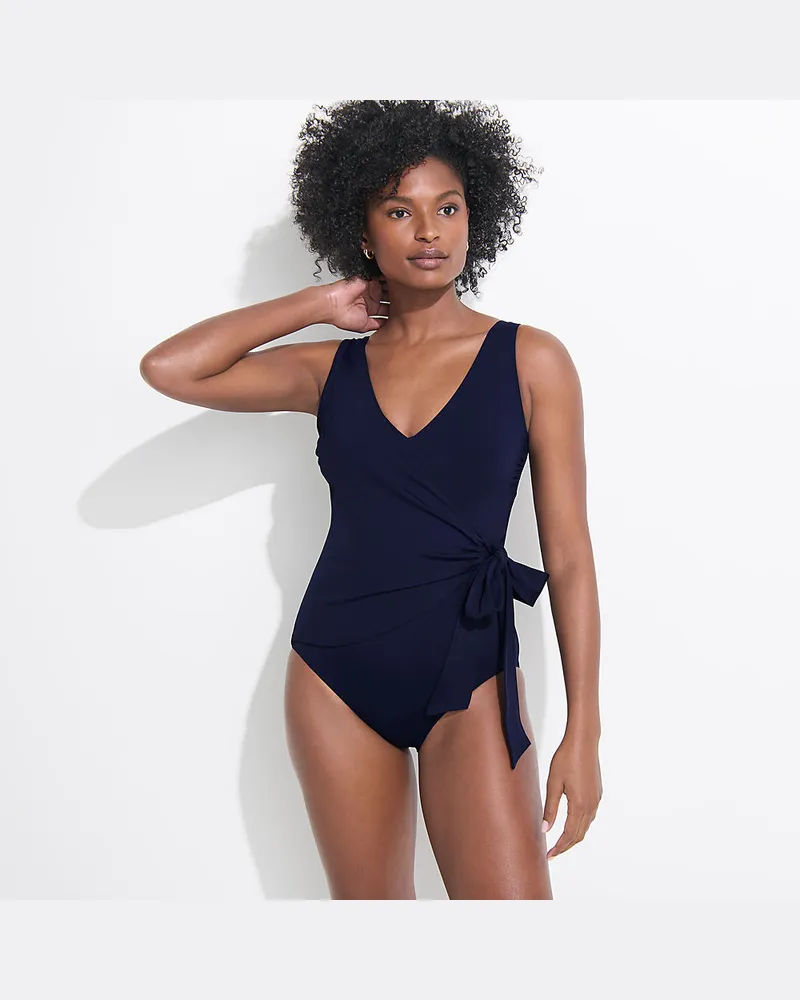 Lands' End Badeanzug mit seitlichem Bindeband, hohes Bein, Damen, Größe regular, Blau, Nylon-Mischung, by Blau