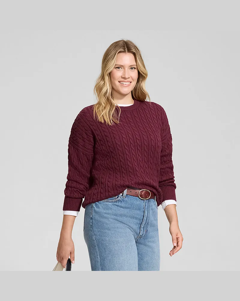 Lands' End Zopfmusterpullover Drifter mit Rundausschnitt, Damen, GrÃ¶ÃŸe regular, Rot, Baumwolle, by Rot