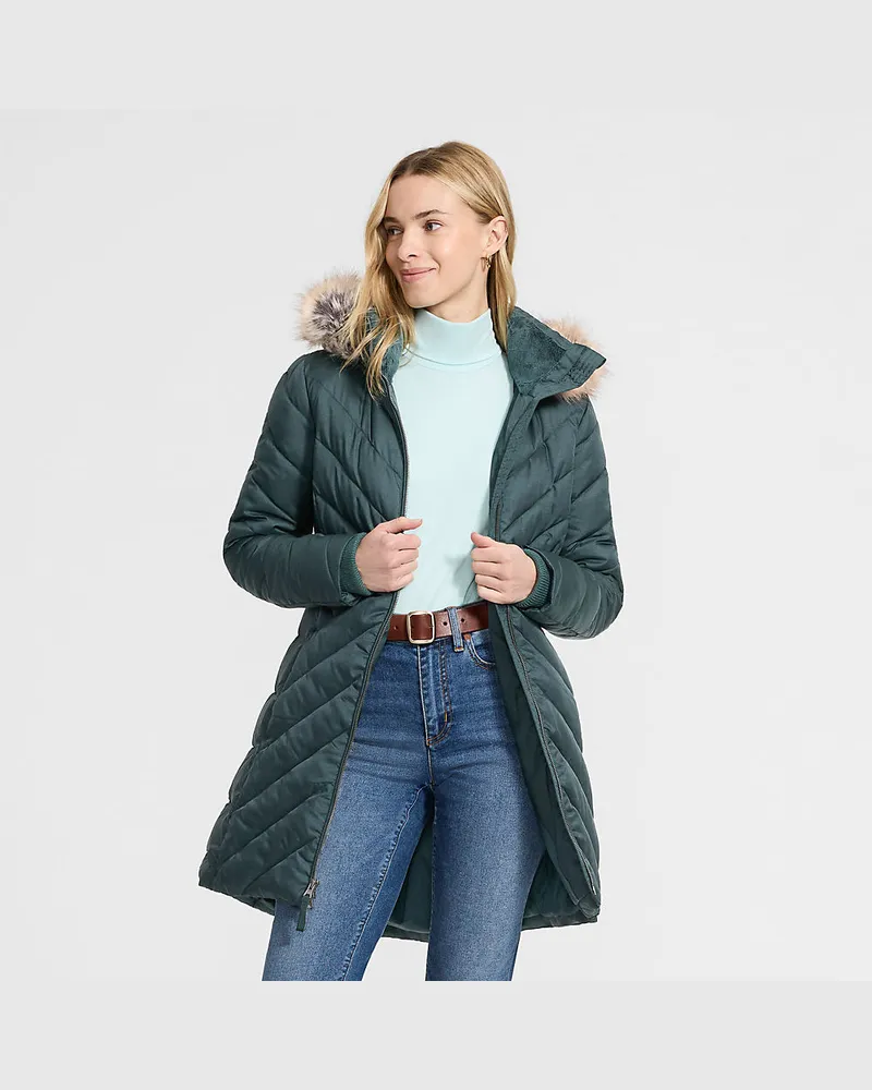 Lands' End Isolierter Kapuzenmantel mit Webpelzfutter, Damen, Größe regular, Grün, Polyester/Polyacryl, by Grün