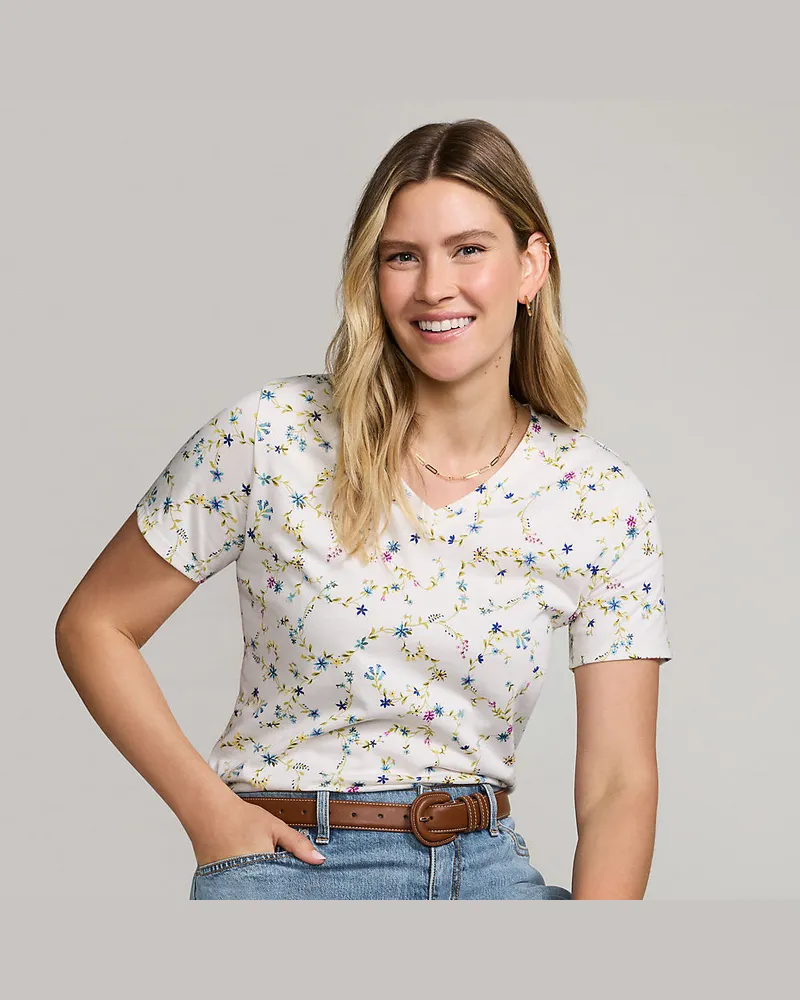 Lands' End Supima Kurzarm-Shirt mit V-Ausschnitt, Damen, Größe petite, Weiß, Baumwolle, by Weiß