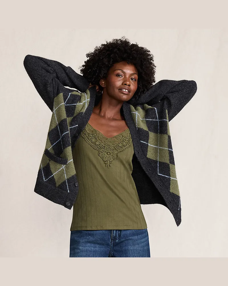 Lands' End Top mit Spitzenbesatz, Damen, Größe regular, Grün, Baumwoll-Mischung, by Grün