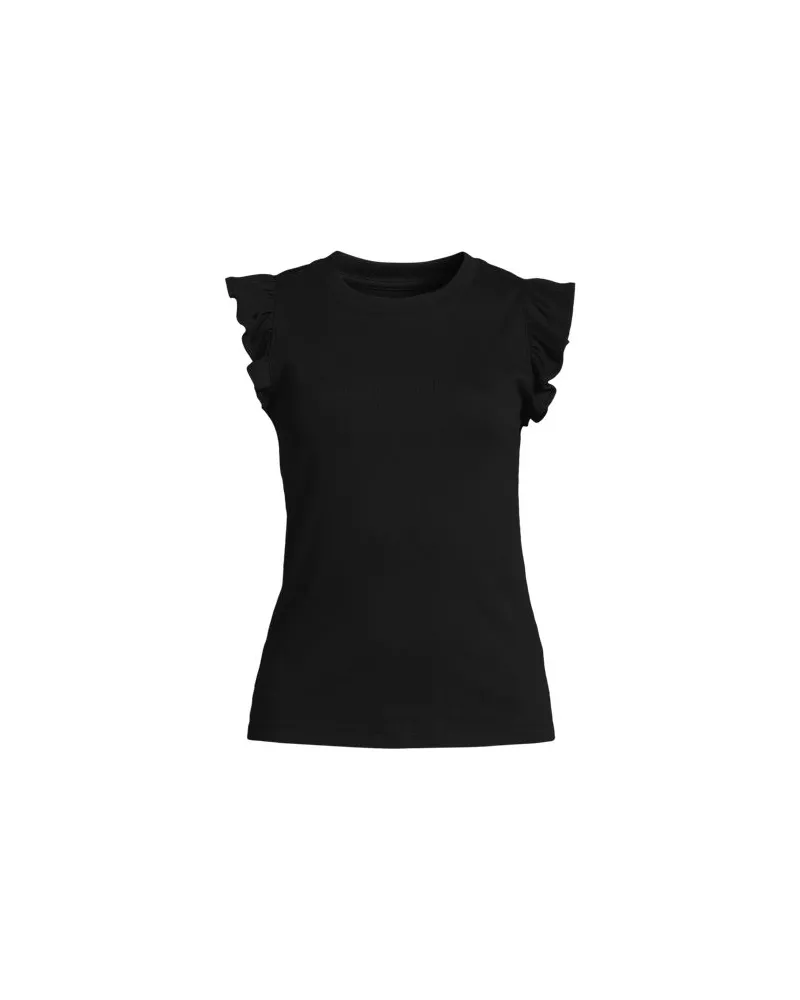 Lands' End Baumwollripp-Top mit Volants, Damen, Größe:44-46 petite, Schwarz, Baumwolle/Elasthan, by Schwarz