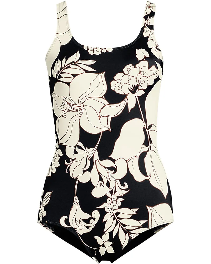 Lands' End Gemusterter Komfort-Badeanzug CHLORRESISTENT mit Soft Cups, Damen, Größe regular, Schwarz, Nylon-Mischung, by Schwarz