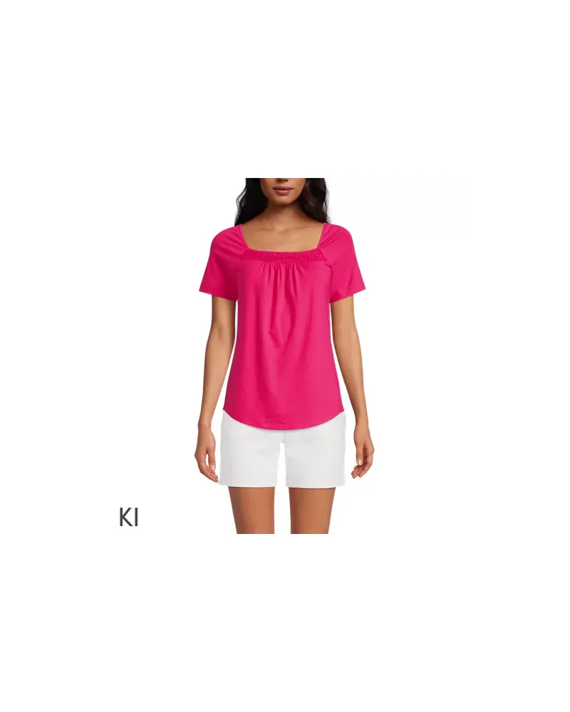 Lands' End Baumwoll/Modal-Shirt mit gesmoktem Ausschnitt, Damen, Größe regular, Pink, Baumwolle Modal, by Pink