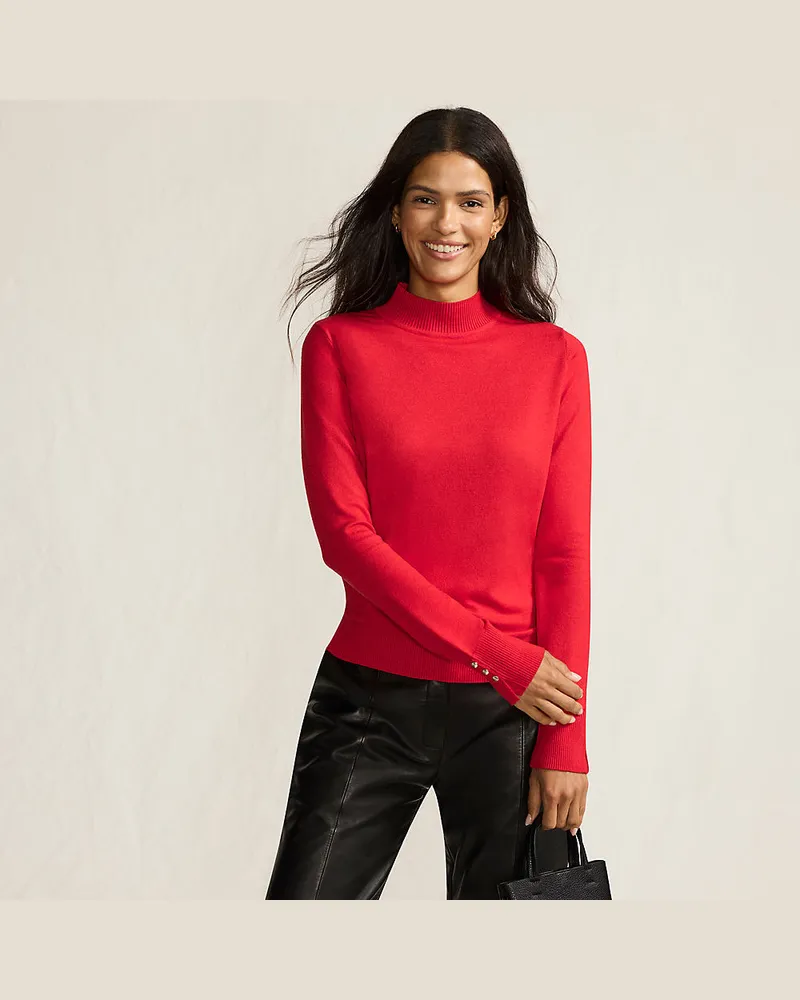 Lands' End Stehkragenpullover mit Ärmelknöpfen, Damen, Größe petite, Rot, by Rot