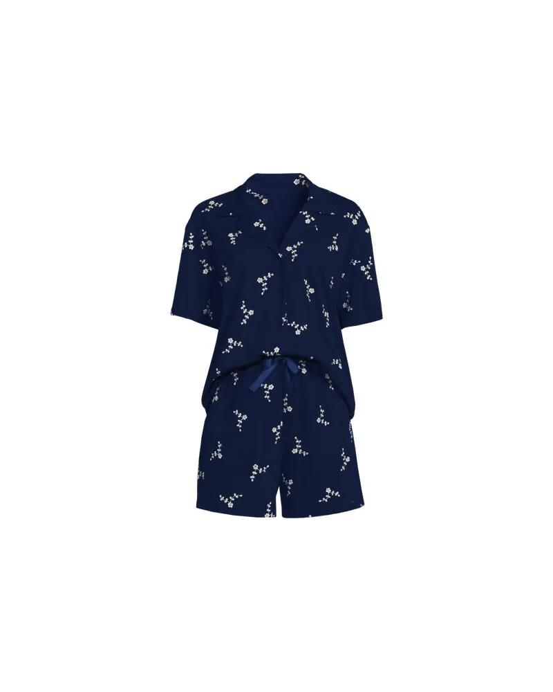 Lands' End Besticktes Pyjama-Set aus Baumwoll-Jersey, Damen, Größe:44-46 regular, Blau, Baumwolle, by Blau