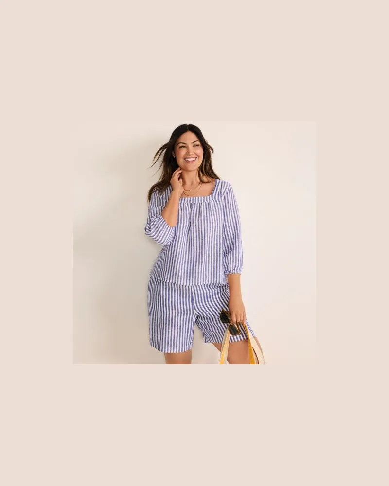 Lands' End Leinen-Bauernbluse mit 3/4-Ärmeln, Damen, Größe plus, Blau, Leinen, by Blau