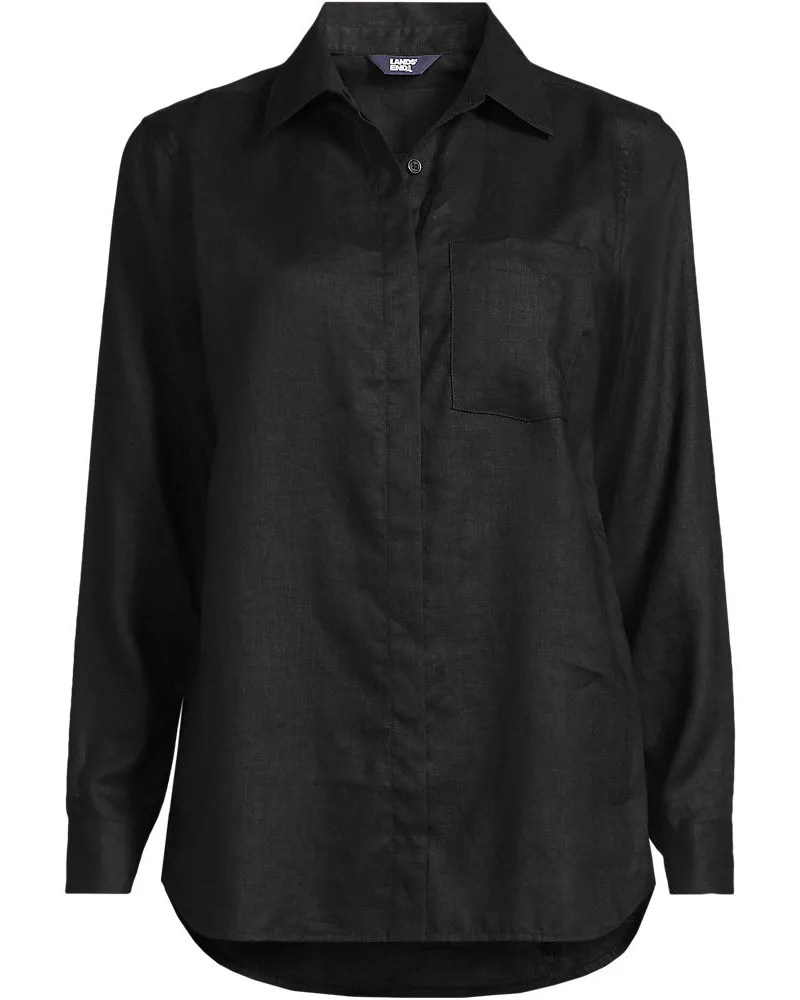 Lands' End Premium Reinleinen-Bluse, Damen, Größe petite, Schwarz, Leinen, by Schwarz
