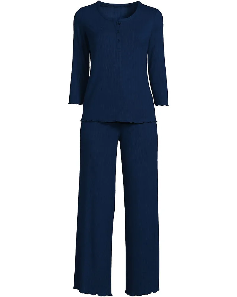 Lands' End Pointelle-Pyjama-Set in 3/4-Länge, Damen, Größe regular, Blau, Viskose-Mischung, by Blau