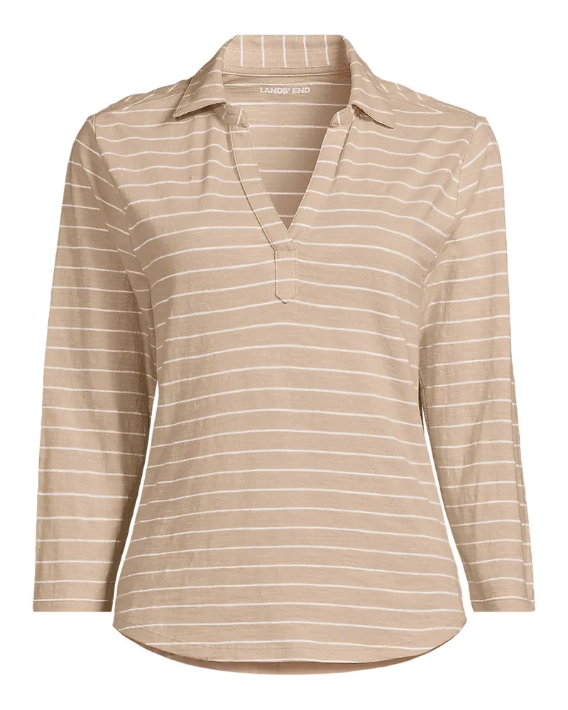 Lands' End Polo-Shirt mit 3/4-Ärmeln, Damen, Größe regular, Beige, Baumwolle, by Beige