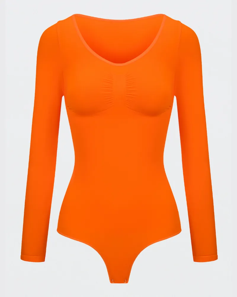creamy fabrics Bodysuit Sculpting Shapewear Longsleeve mit String (#2) - Sunset Orange / 4XL 