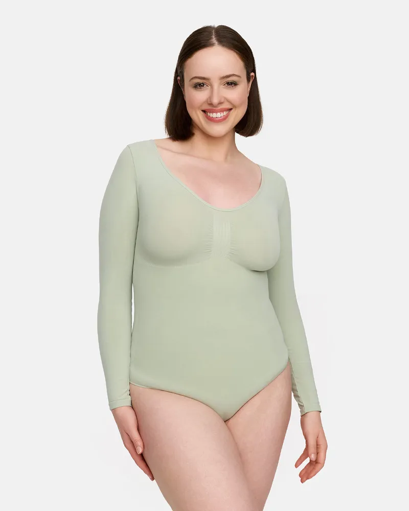 creamy fabrics Bodysuit Sculpting Shapewear Longsleeve mit String - Sage Green / 2XL 