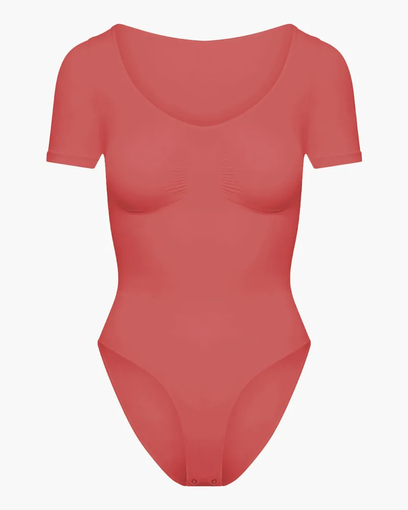 creamy fabrics T-Shirt Bodysuit Sculpting Shapewear mit Slip (#2) - Coral / 2XL 